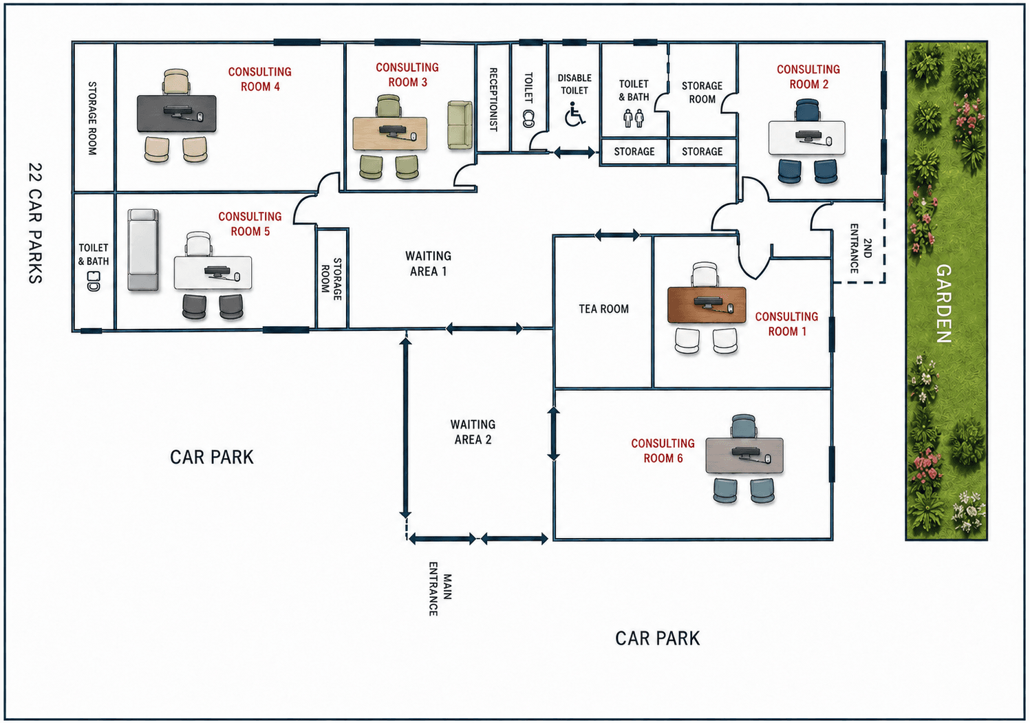 Facility layout showing consulting rooms, entrances, parking, and garden access